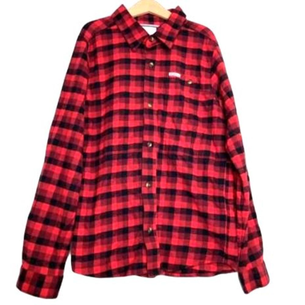 Columbia Boys Buffalo Check Long Sleeve Button-Down Flannel Shirt Red Holiday M